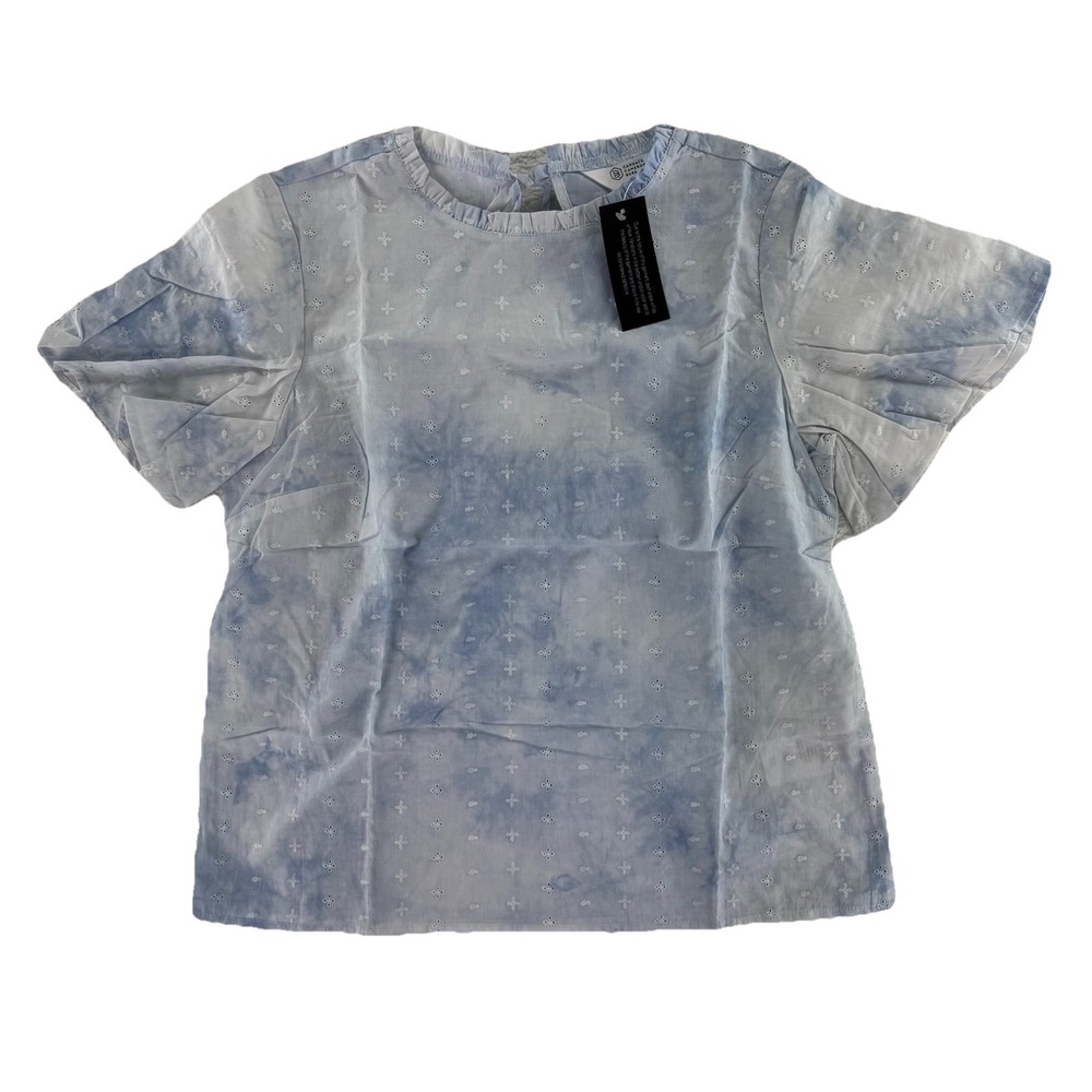 Candace Cameron Bure Tie Dye Embroidered Blouse Top XS Ice Blue Cotton